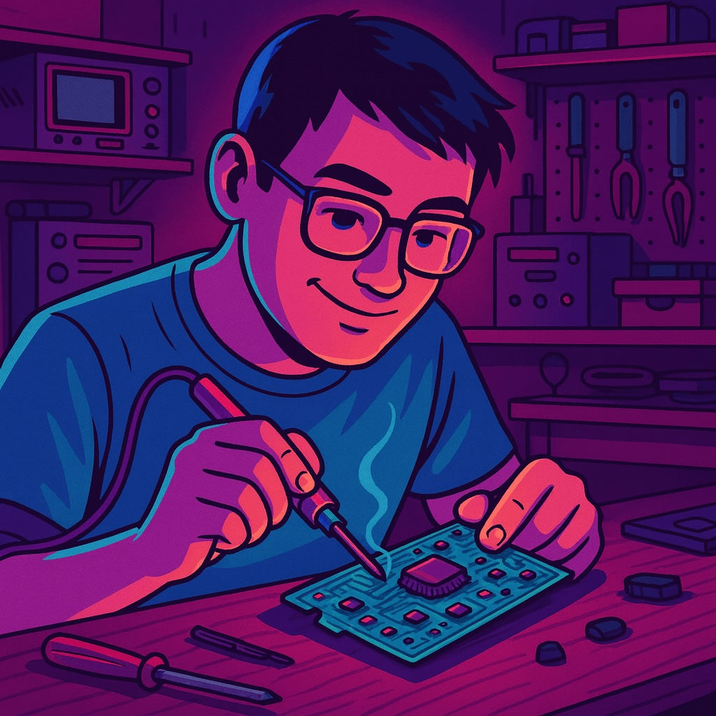 Circuit Rebel soldering on a Game Boy circuit board in a workshop setting.