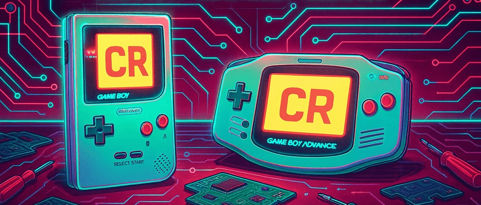 Two retro gaming devices with 'CR' on their screens against a circuit board background Circuit Rebel